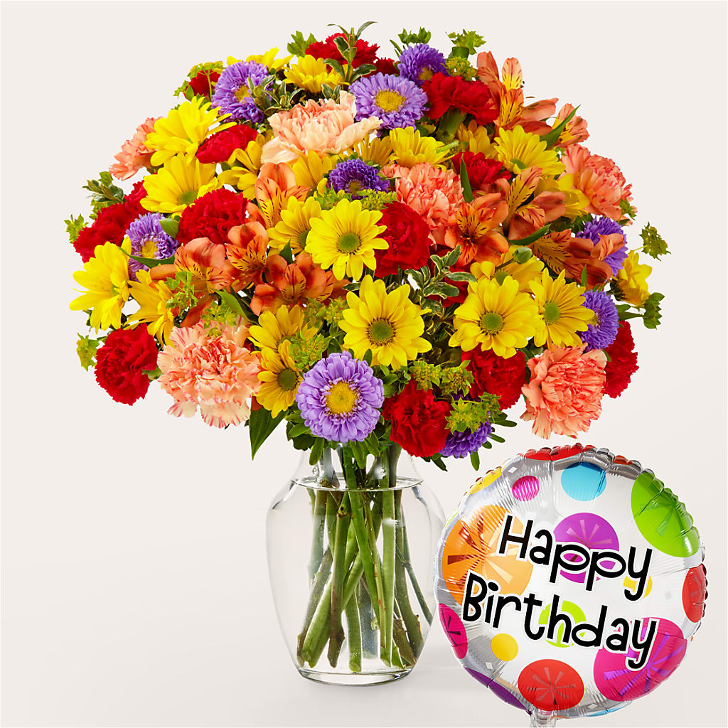 Kaleidoscope Bouquet with Birthday Balloon – The Flower Factory, Tarzana CA