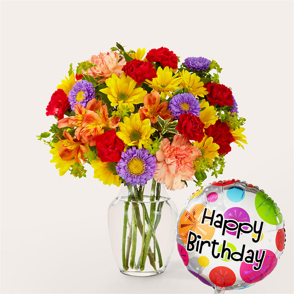 Kaleidoscope Bouquet with Birthday Balloon – The Flower Factory, Tarzana CA