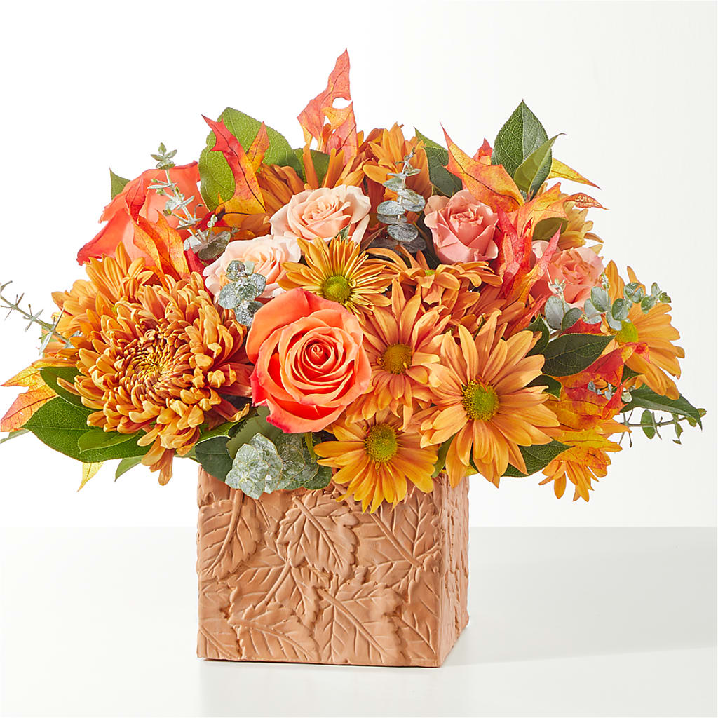 Scenic Route Bouquet – bronze, orange, peach flower arrangement