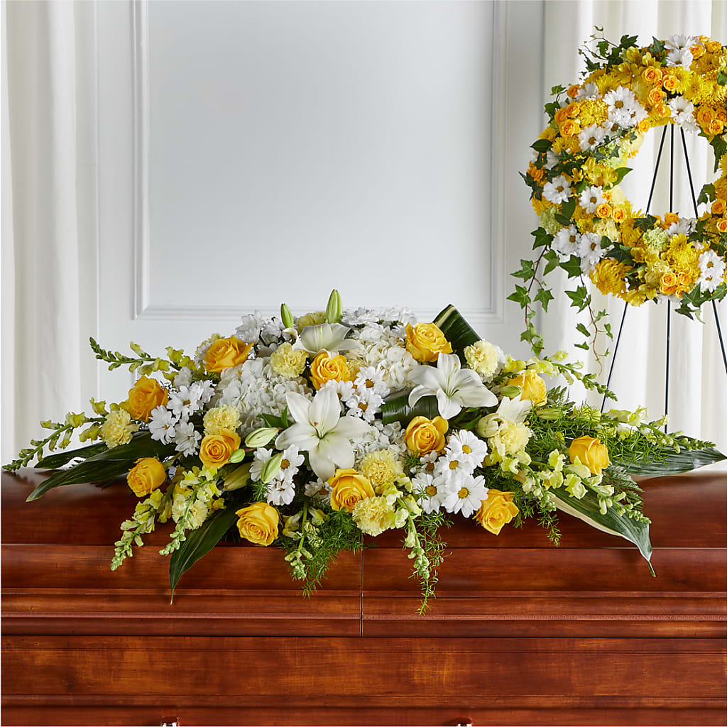 Golden Harmony Casket Spray – The Flower Factory, Tarzana CA