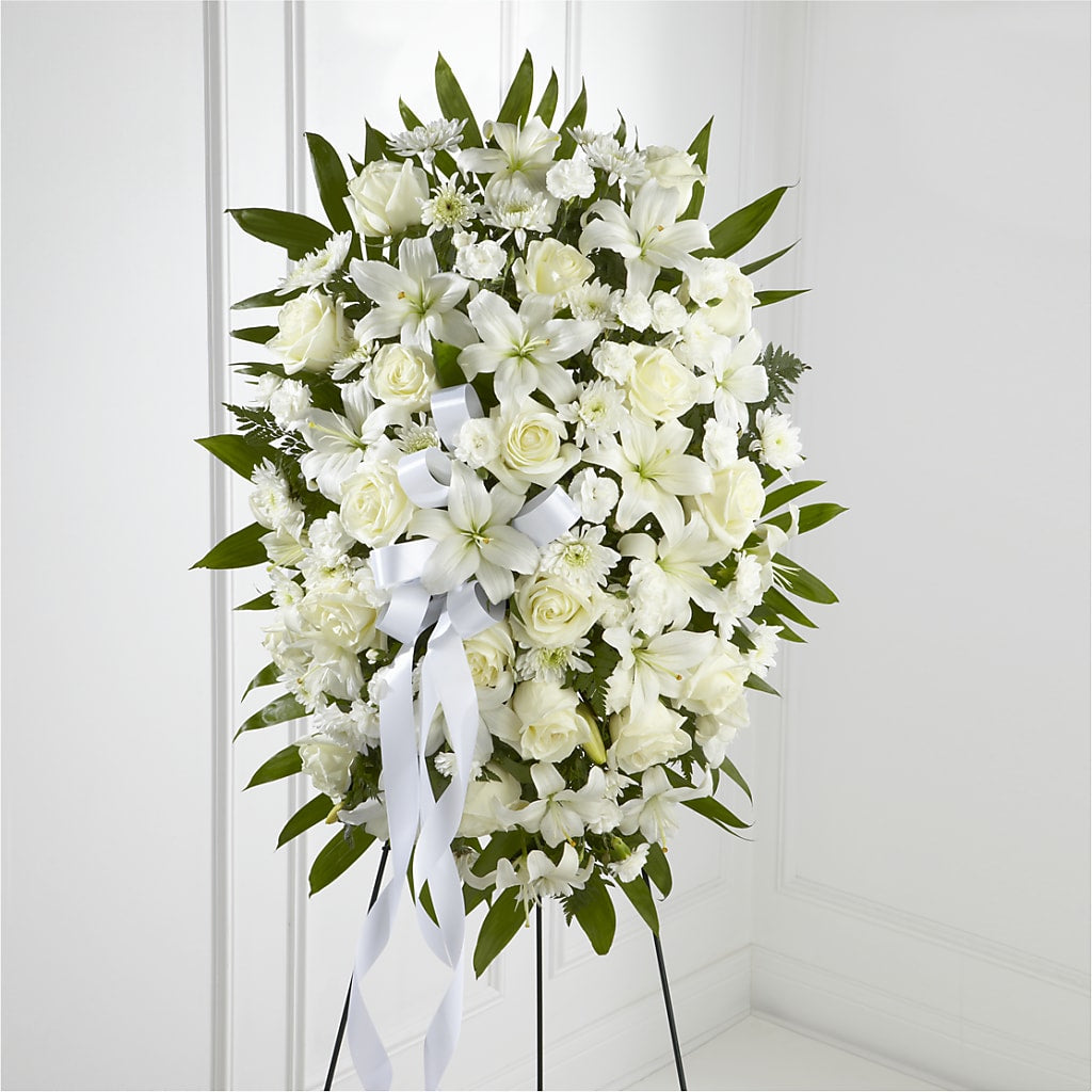 Exquisite Tribute Standing Spray-White Ribbon – The Flower Factory, Tarzana CA