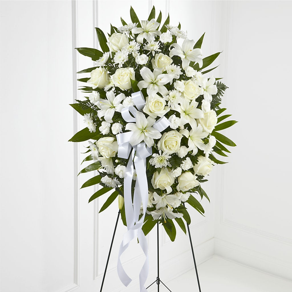 Exquisite Tribute Standing Spray-White Ribbon – The Flower Factory, Tarzana CA