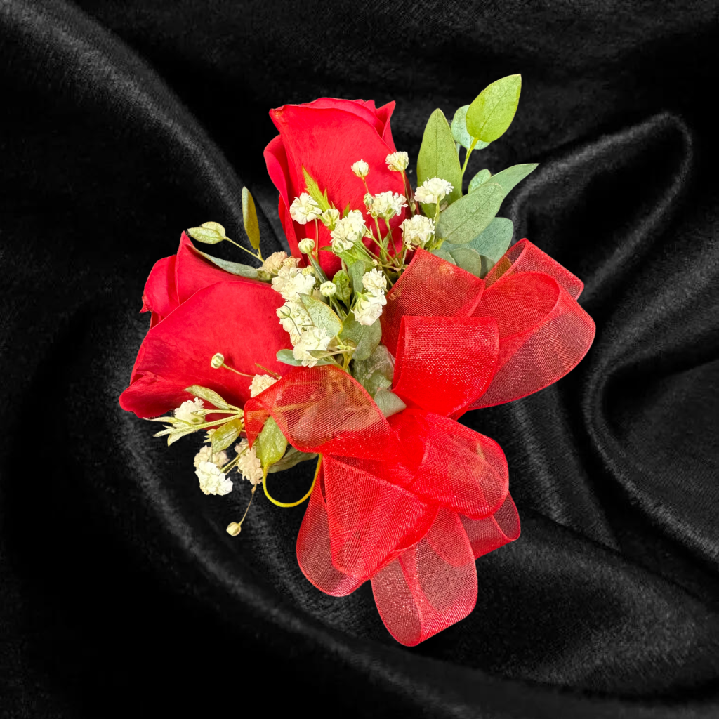 Double Rose Corsage – pink, red, white flower arrangement