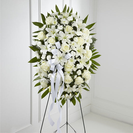 Exquisite Tribute Standing Spray-White Ribbon –  The Flower Factory, Tarzana CA