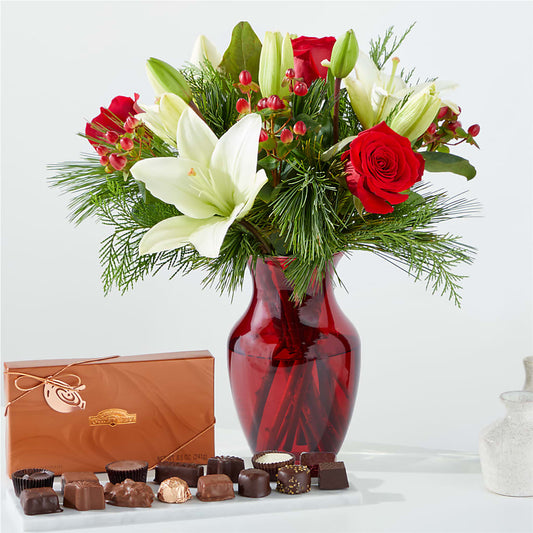 Set de regalo de chocolate y ramo Evergreen Delight