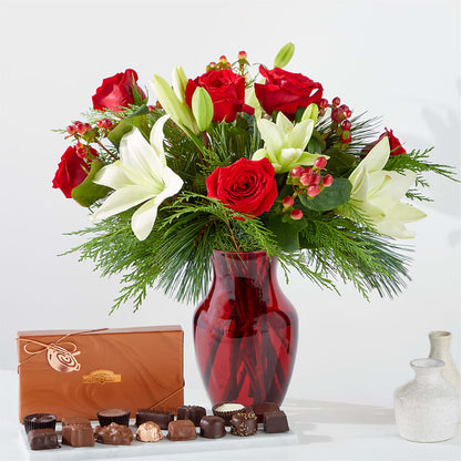 Coffret cadeau bouquet délice à feuilles persistantes et chocolat