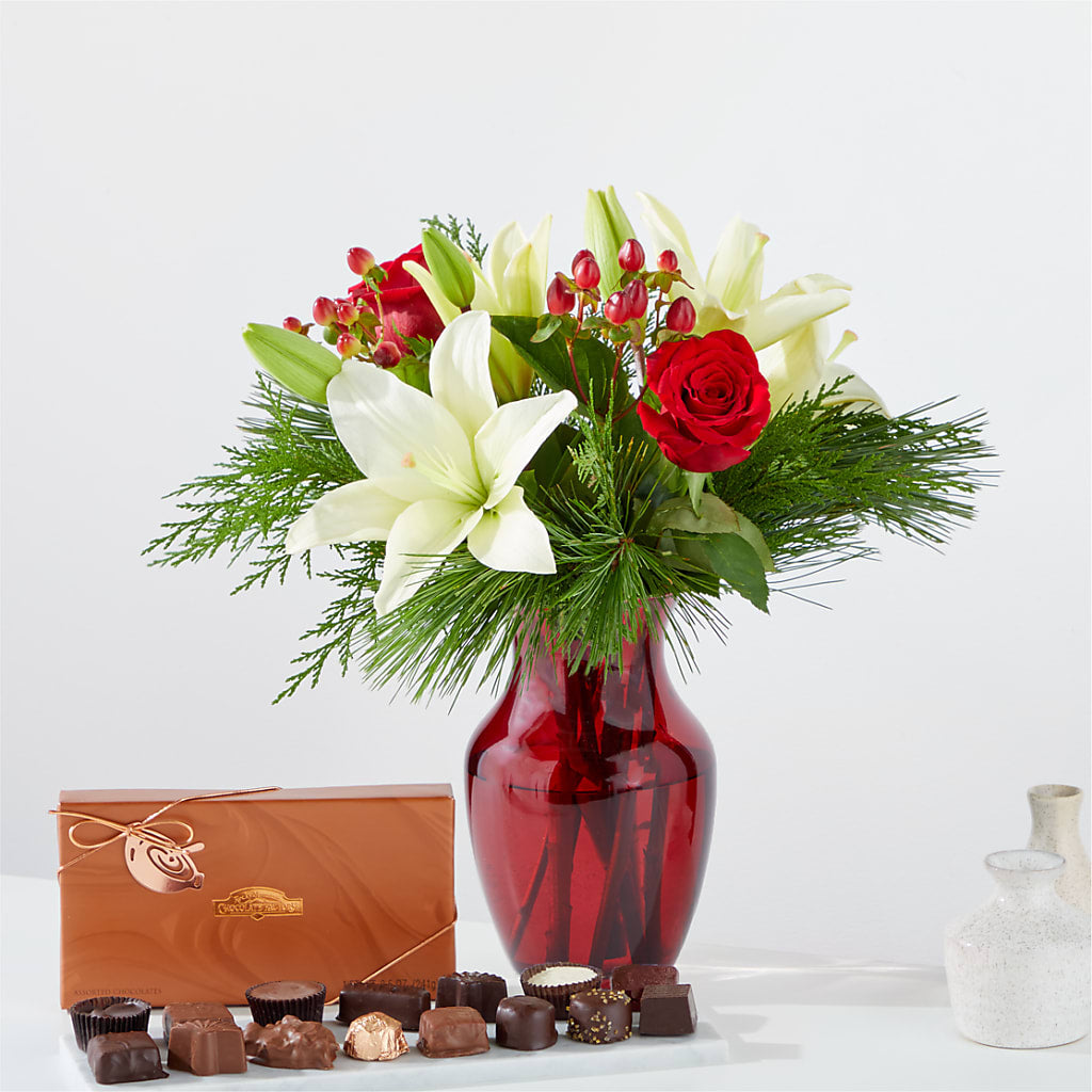 Coffret cadeau bouquet délice à feuilles persistantes et chocolat