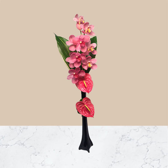 Standing tall in a sleek black tower vase, this simple yet elegant orchid arrangement will impress everyone! Dramatic, striking and sophisticated, fresh-cut cymbidium orchid stem expertly designed in a chic modern vase accented with long lasting Hawaiian anthuriums.